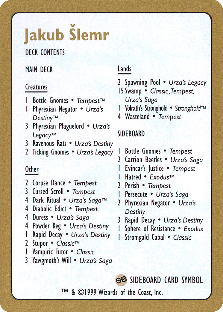 1999 Jakub Slemr Decklist Card (WCD-) - World Championship Decks 1999