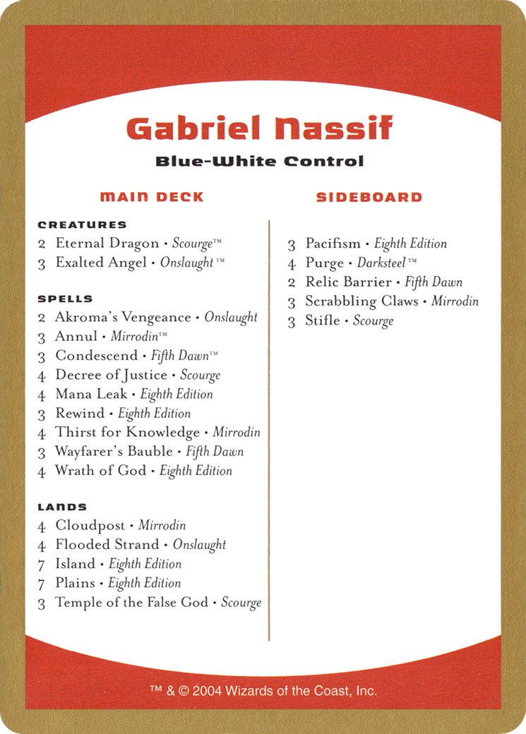 2004 Gabriel Nassif Decklist Card (WCD-) - World Championship Decks 2004