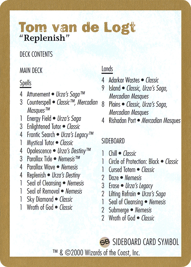 2000 Tom van de Logt Decklist Card (WCD-) - World Championship Decks 2000