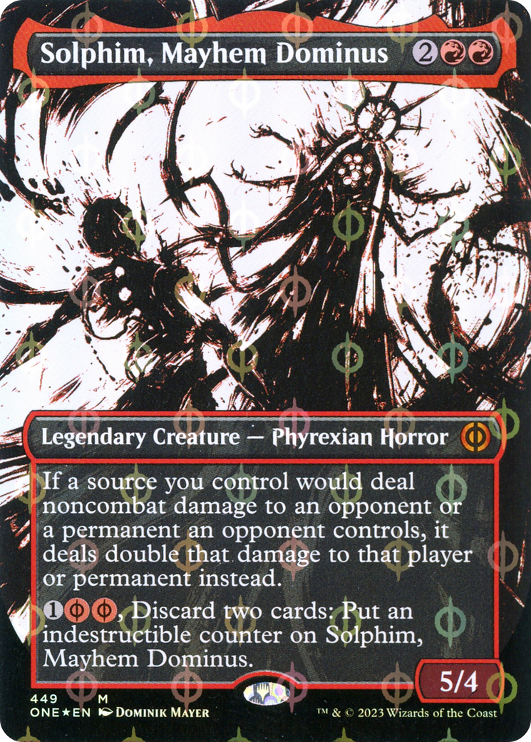 Solphim, Mayhem Dominus (Showcase) (Step-and-Compleat Foil) (ONE-449) - Phyrexia: All Will Be One: (Showcase) (Borderless) Foil