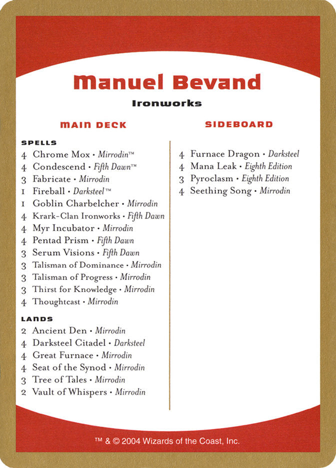 Manuel Bevand Decklist [World Championship Decks 2004] | The CG Realm
