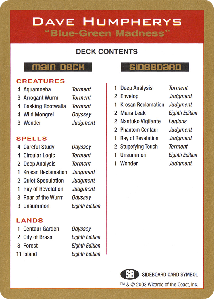 2003 Dave Humpherys Decklist Card (WCD-) - World Championship Decks 2003