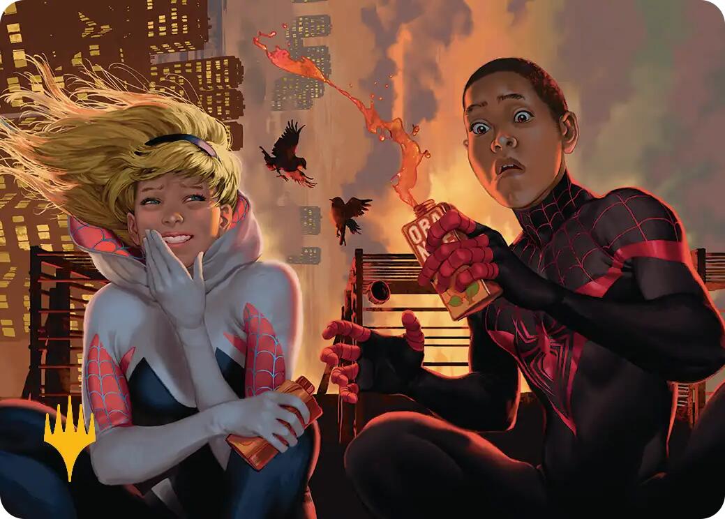 Heroes' Hangout Art Card (Gold-Stamped Planeswalker Symbol) [Marvel's Spider-Man Art Series] | The CG Realm