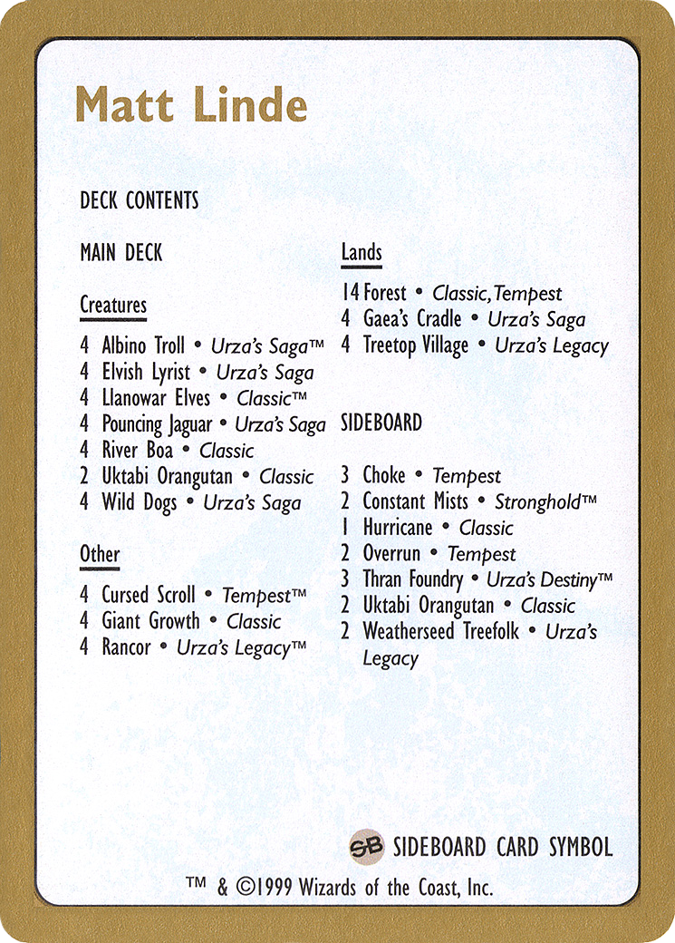 1999 Matt Linde Decklist Card (WCD-) - World Championship Decks 1999