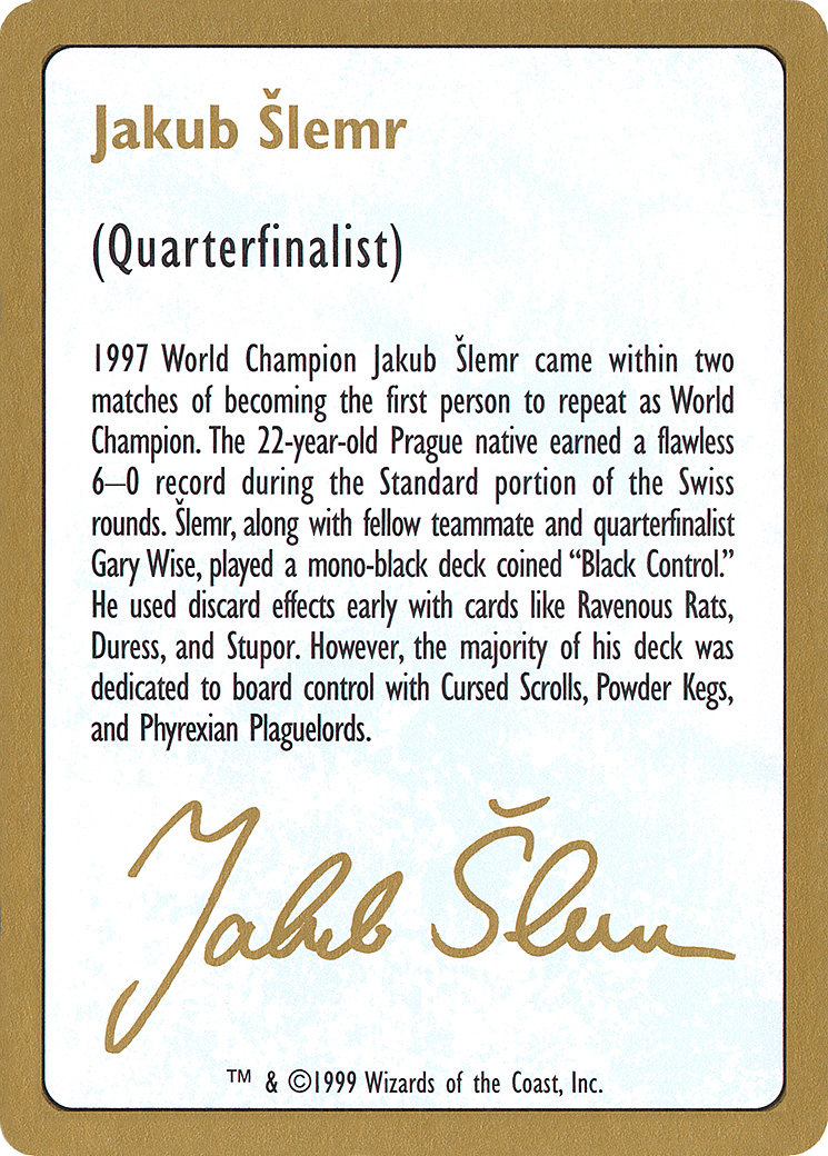 1999 Jakub Slemr Biography Card (WCD-) - World Championship Decks 1999