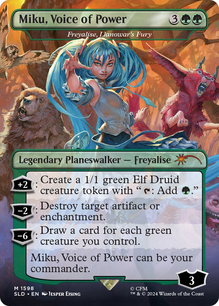 Miku, Voice of Power - Freyalise, Llanowar's Fury (SLD-1598) - Secret Lair Drop / Miku, Voice of Power (Borderless) Foil