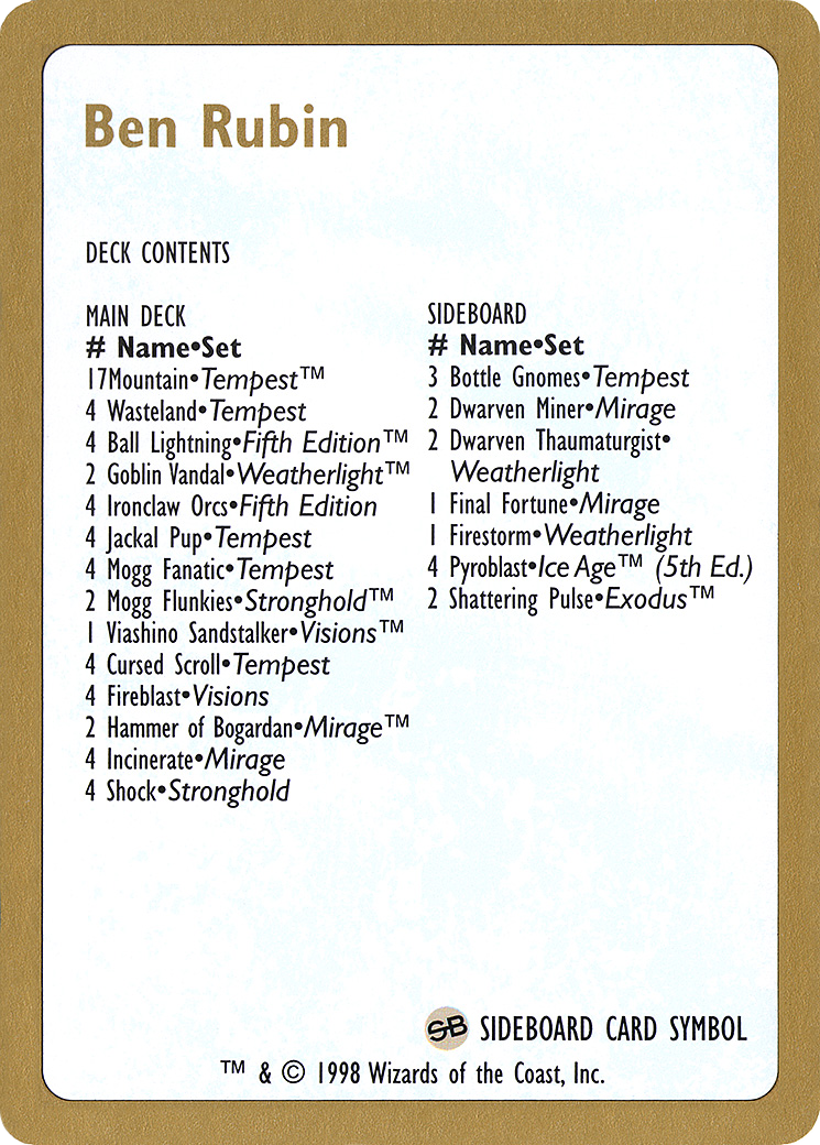 1998 Ben Rubin Decklist Card (WCD-) - World Championship Decks 1998