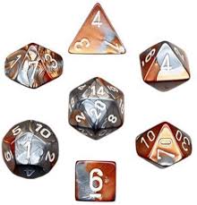Chessex Gemini Copper-Steel/white Polyhedral 7 Die Set | The CG Realm