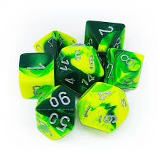 Chessex Gemini Green-Yellow w/silver Polyhedral 7 Die Set | The CG Realm