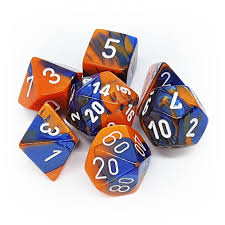 Chessex Gemini Blue-Orange w/white Polyhedral 7 Die Set | The CG Realm