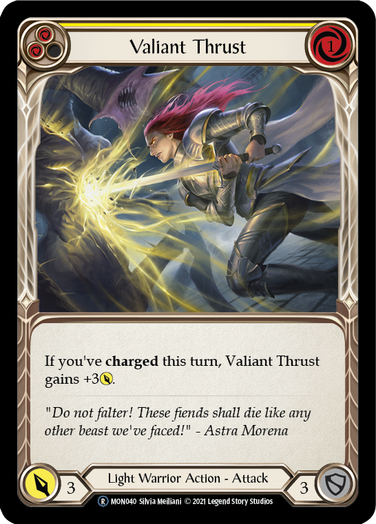 Valiant Thrust (Yellow) [U-MON040-RF] (Monarch Unlimited)  Unlimited Rainbow Foil | The CG Realm